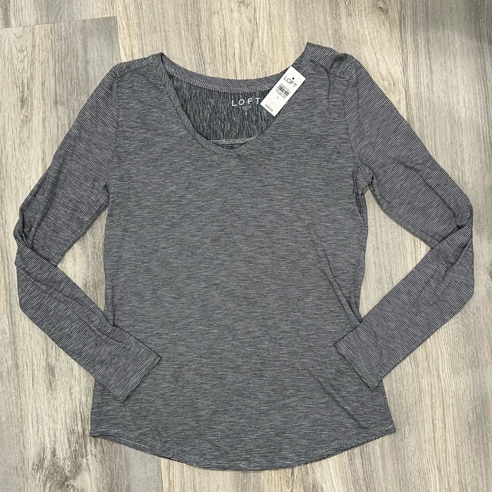 NWT Loft Long Sleeve Soft Knit 100% Cotton T-Shirt Top Black Pinstripe Size S